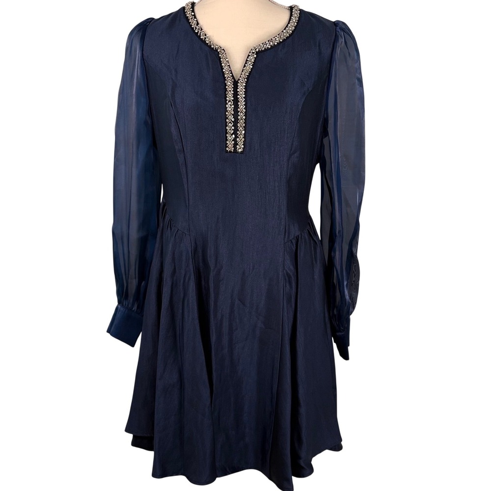 Open Maple Navy Blue Rhinestone Embellished Fit & Flare Dress Small